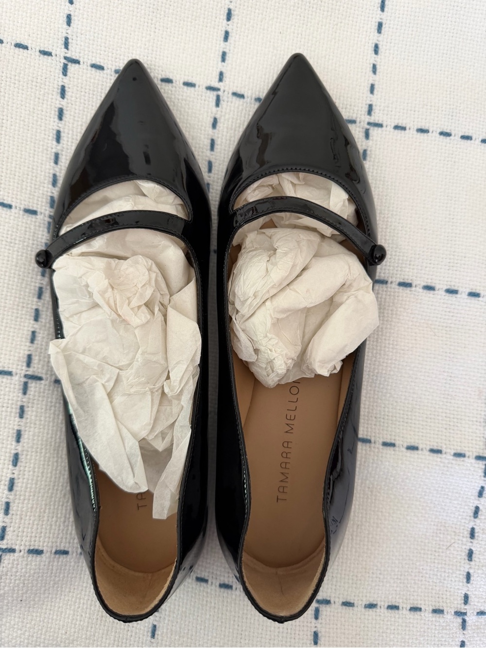 NWOT Tamara Mellon Black Patent Leather Pointed-Toe Mary Jane Flats - Picture 2 of 7